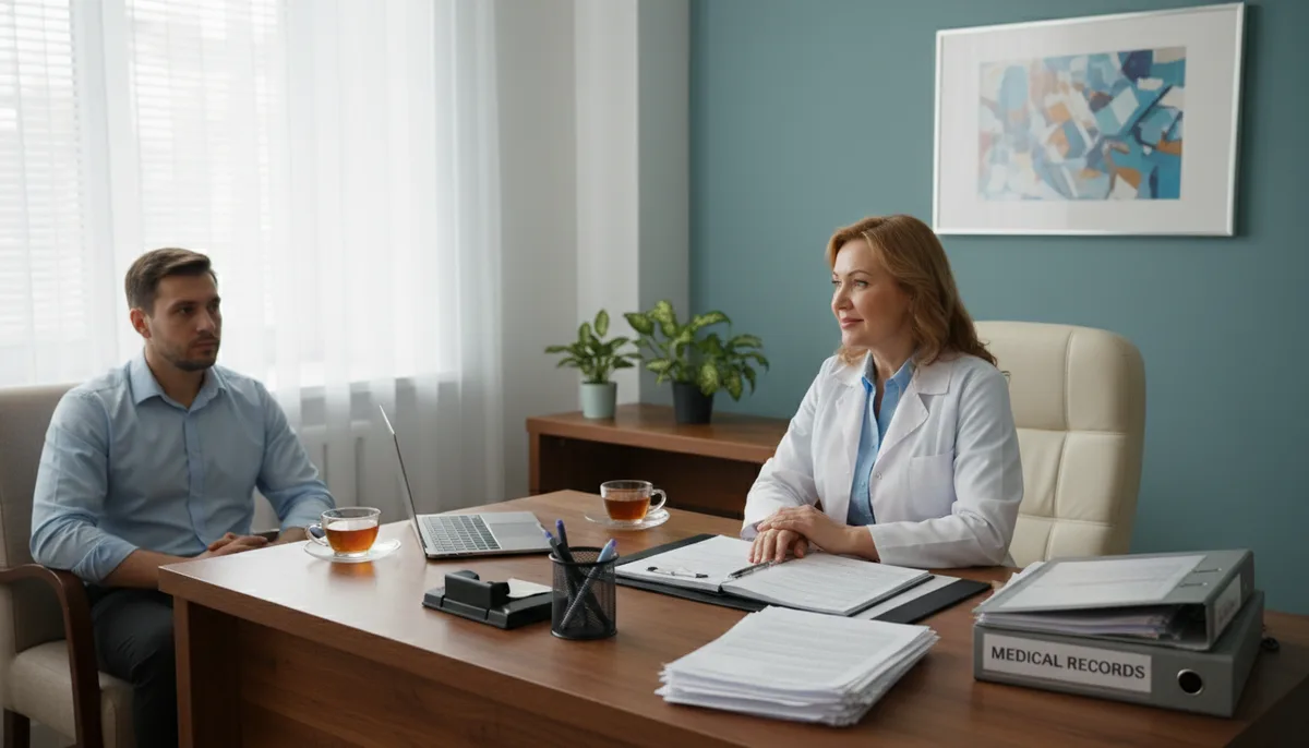 Консультация нарколога с пациентом, спокойная обстановка кабинета, медицинская документация на столе