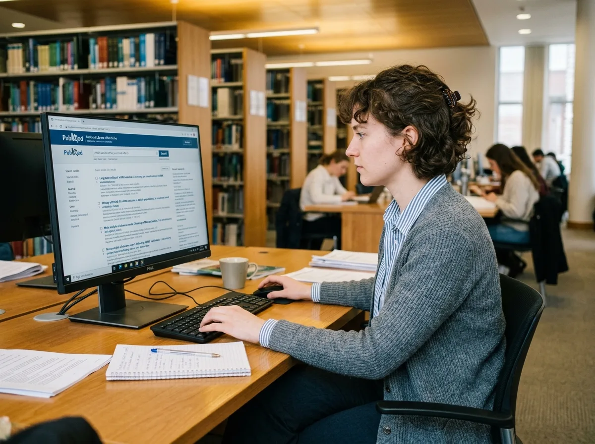 Исследователь работает с базой данных PubMed на компьютере в медицинской библиотеке, на экране отображаются результаты поиска научных статей