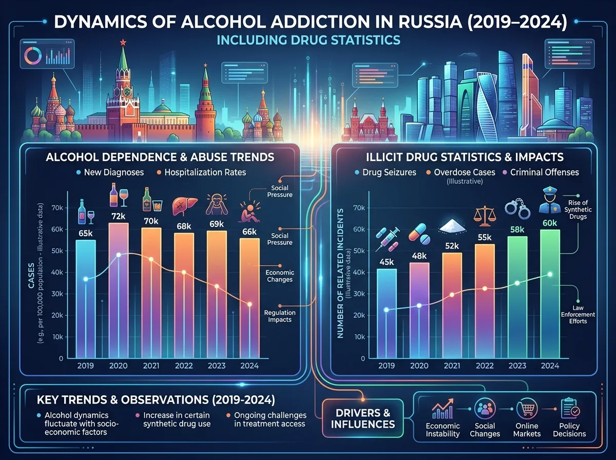 Инфографика: динамика заболеваемости алкогольной зависимостью в России за 2019–2024 годы, столбчатая диаграмма с данными наркологической статистики